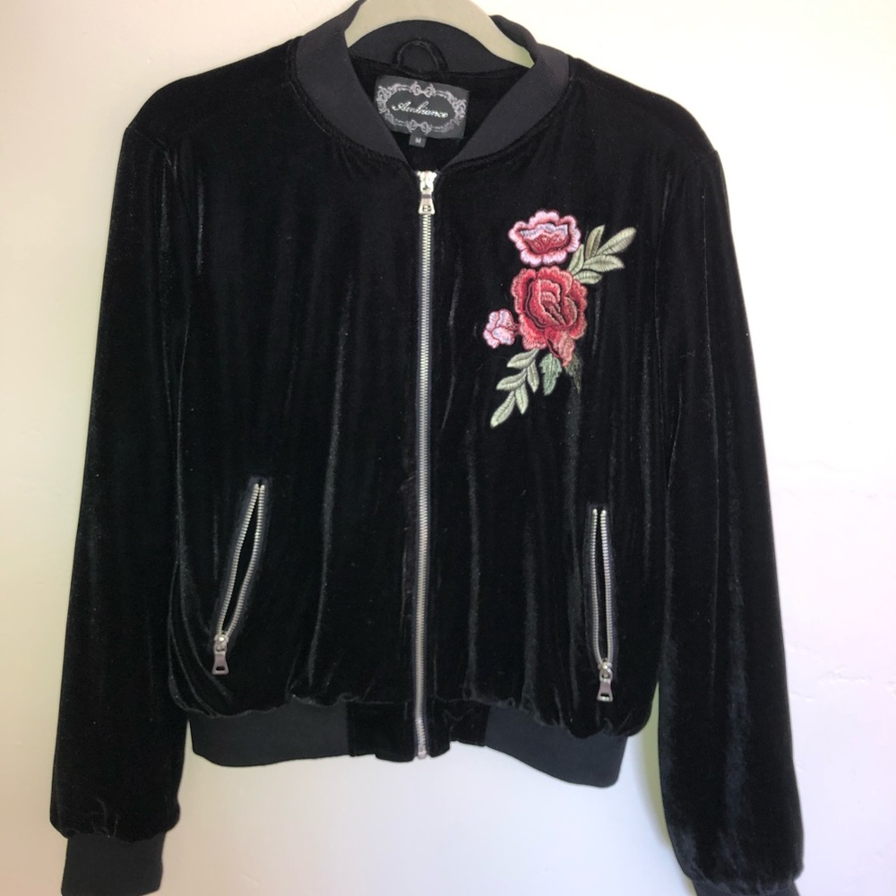 Velour Bomber zip up jacket with a rose